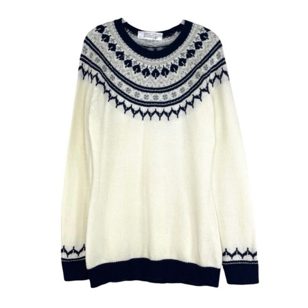 AMOUR VERT Women's XL Whistler Nordic Fair Isle Ribbed Knit Sweater Navy Cream
